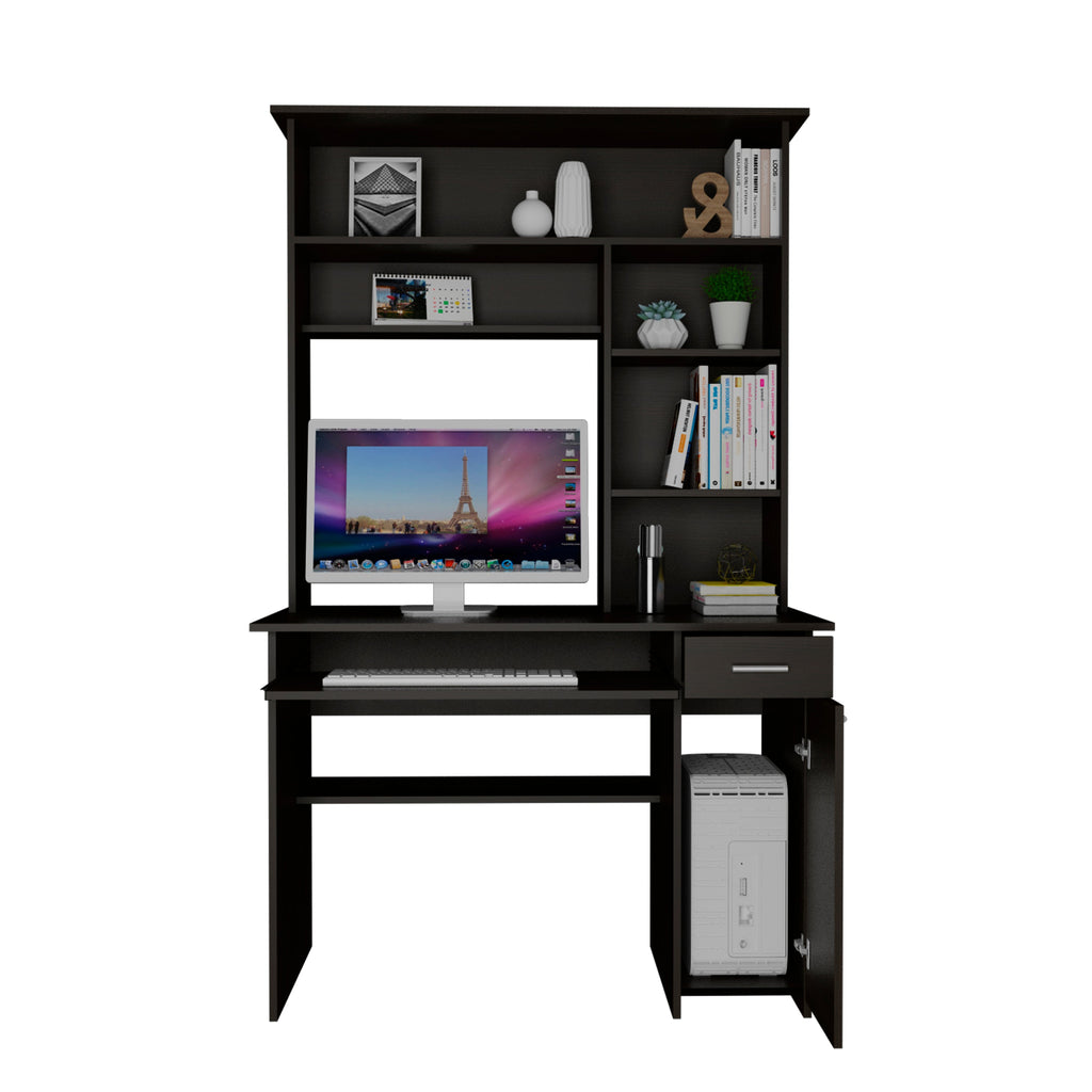 Compu Hutch Desk, Keyboard Tray, Door Panel For CPU, Multiple Shelves, One Drawer, Black