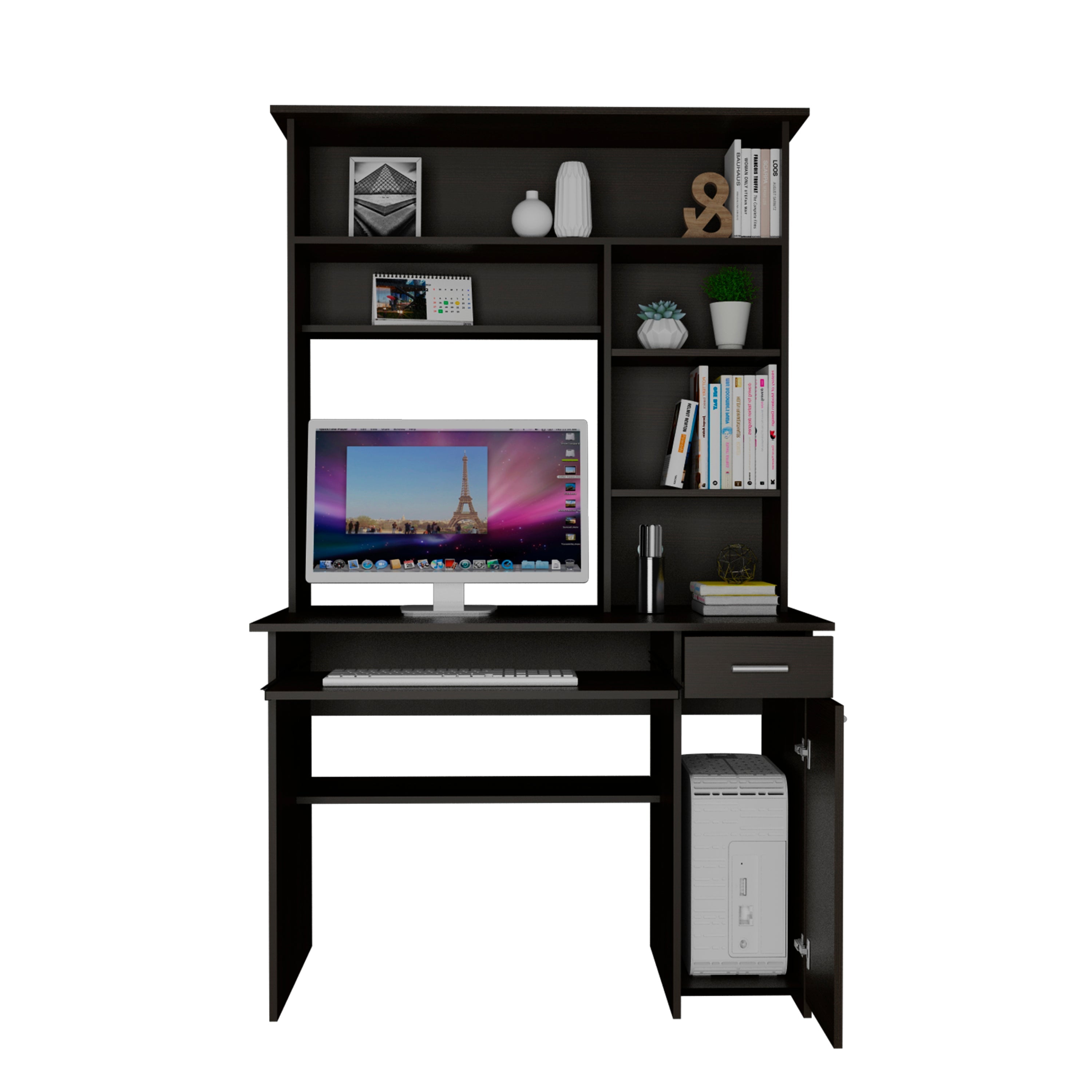 Compu Hutch Desk, Keyboard Tray, Door Panel For CPU, Multiple Shelves, One Drawer, Black