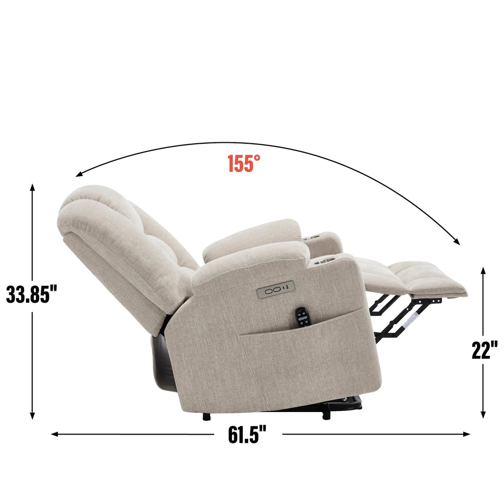 Power Lift Recliner Chair with Massage and Heat for Elderly, Overstuffed Wide Recliners, Heavy Duty Motion Mechanism with USB and Type C Ports, 2 Steel Cup Holders, Beige
