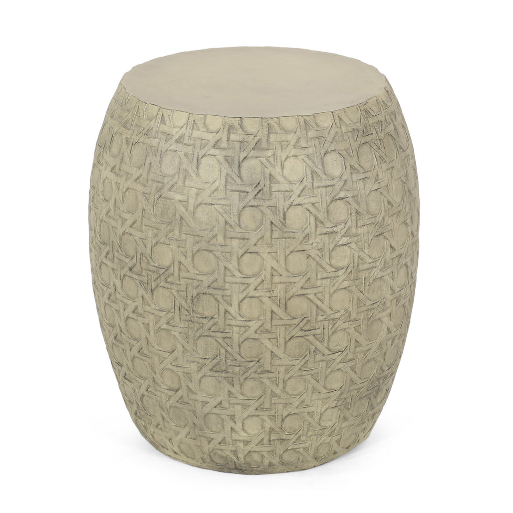Bohemian Outdoor Lightweight Concrete Side Table with Cane Wicker Pattern, Antique Yellow, Magnesium Oxide, 17.50' x 17.50' x 19.75'
