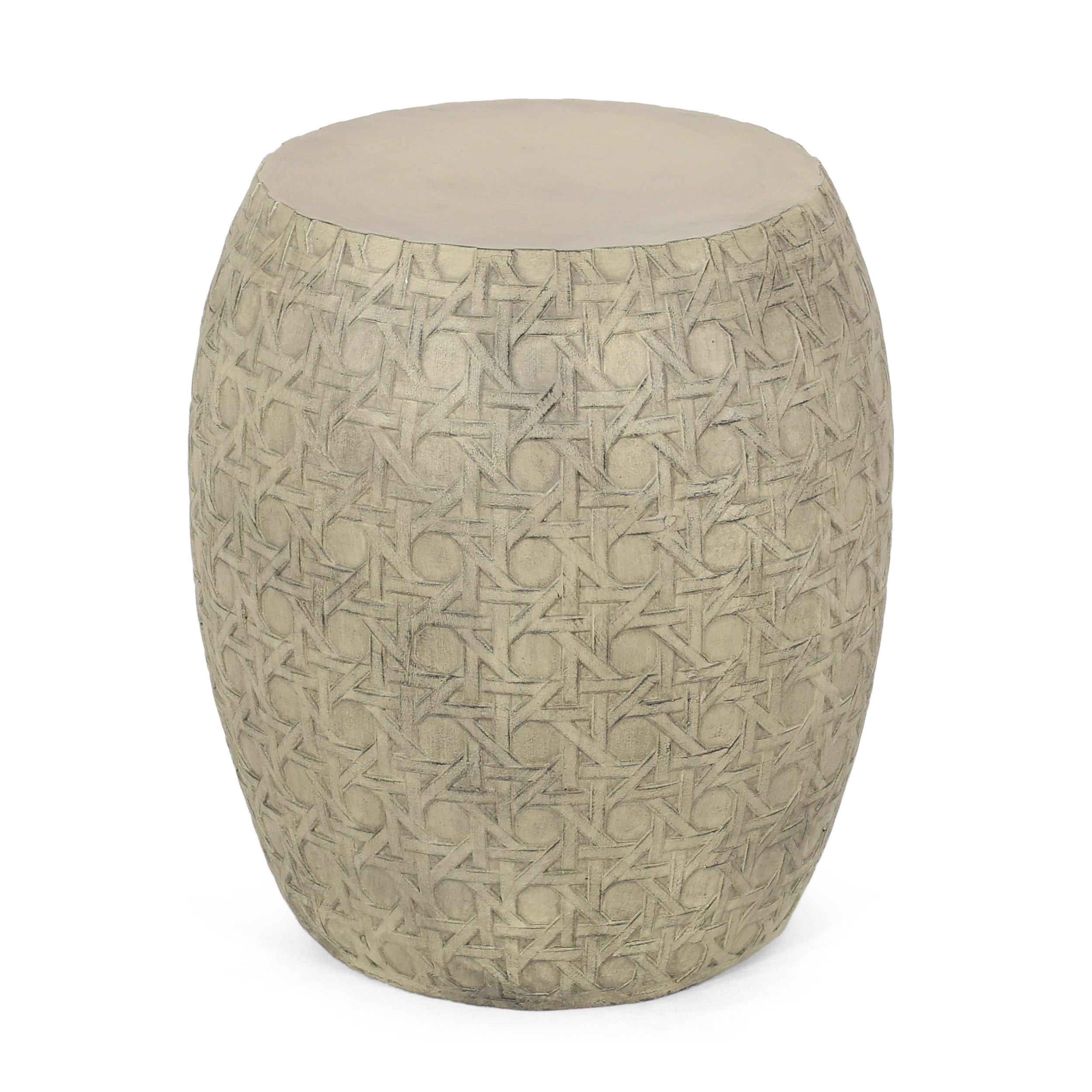 Bohemian Outdoor Lightweight Concrete Side Table with Cane Wicker Pattern, Antique Yellow, Magnesium Oxide, 17.50' x 17.50' x 19.75'