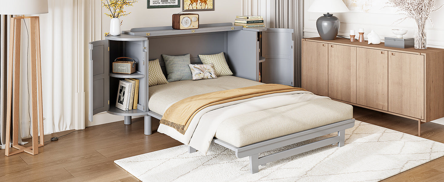 Queen Murphy Bed with Hidden Storage & Modern Woven Design,Gray