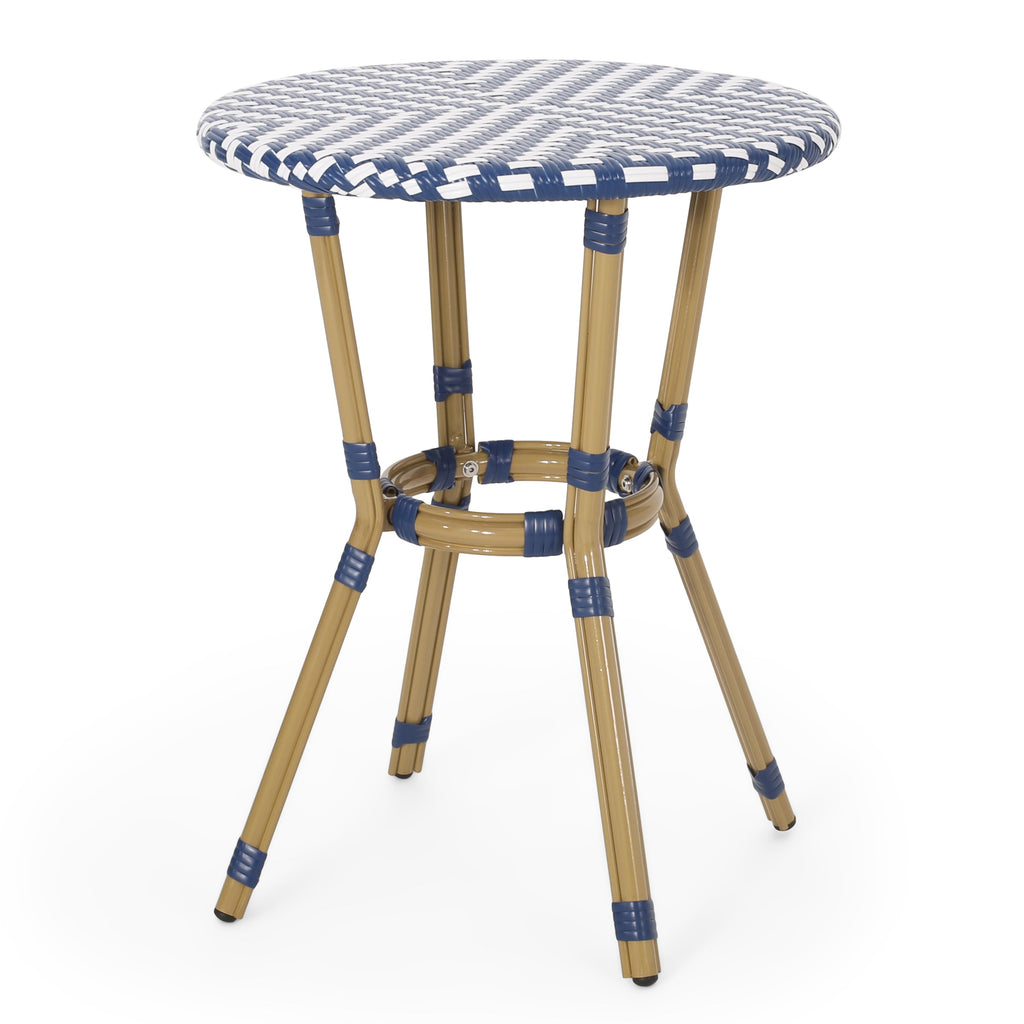 French Bistro Table Outdoor Elegance White+Blue Rattan 21.75x21.75x28.50 inches