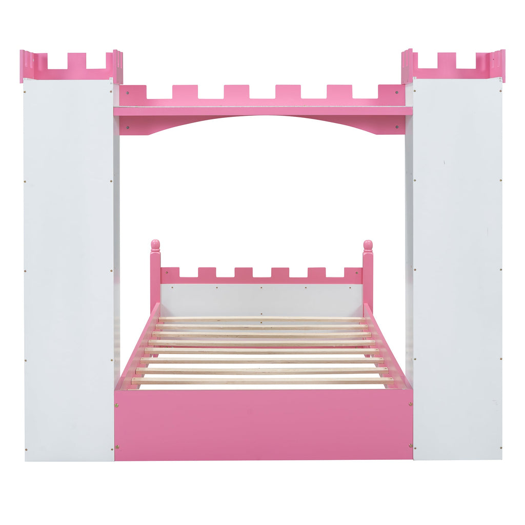 Castle-Shaped Wooden Bed with Storage Shelf, Dreamy Twin Size Platform Bed for Kids Bedroom, White + Pink(Expected Arrival Time:8.14)