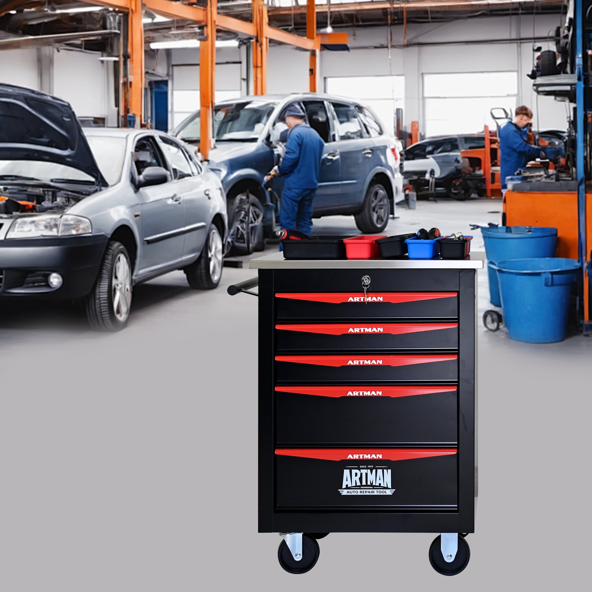 5-Drawer Multifunctional Tool Cart with Wheels, Metal Rolling Tool Cart Storage for Garage Workshop Warehouse Repair Shop - with Stainless Steel Roof - Black & Red