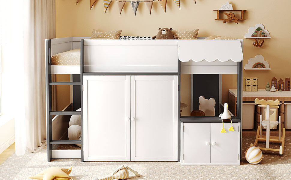 Full Loft House Bed with Playhouse & Storage, Modern Wood Cabin Bed for Kids/Teens, White+Gray