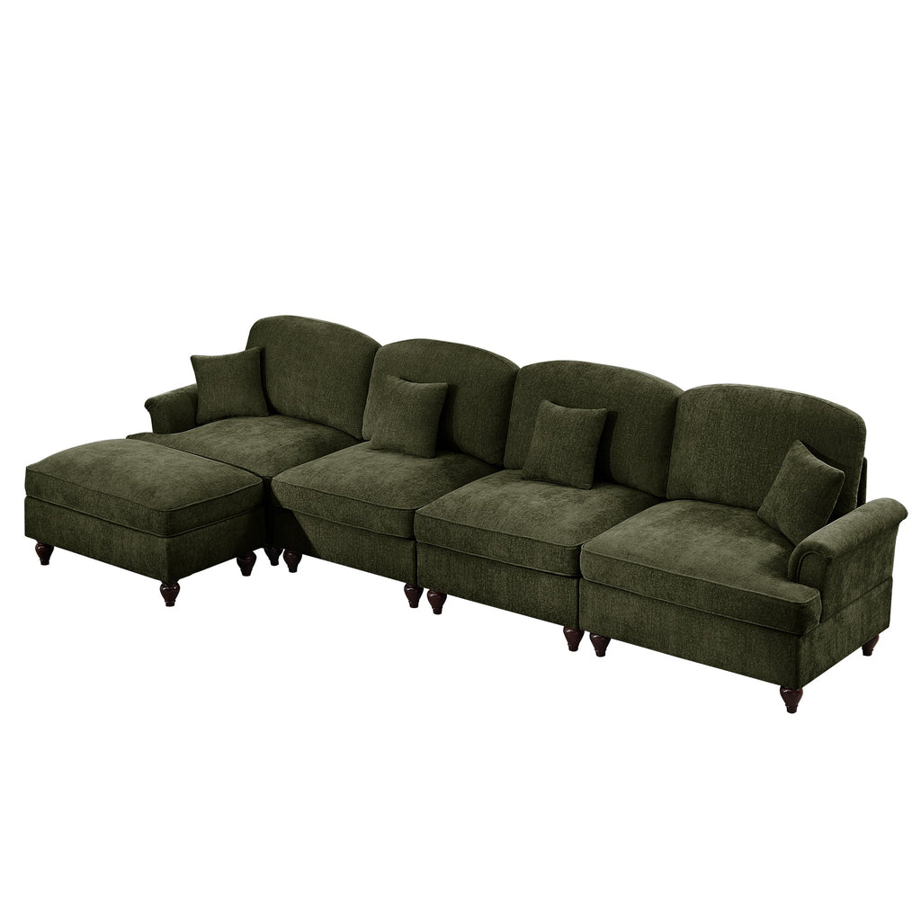 Classic Three Seater Modular L Shaped Sectional Couch with Flared Arms and Removable Ruffles Pleats Skirts and Spindle Legs, Comfy Chenille Four-Seat Deep Seat Sofa with Movable Ottoman, Green
