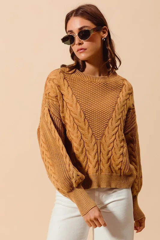 SO ME Mineral Washed Loose Fit Textured Cable Sweater
