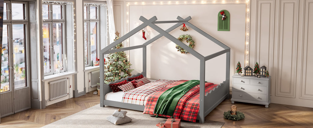 Queen House Floor Bed with Support Slats, Solid Wood House Bed Frame for Kids, No Box Spring Needed and Opening Constructure, Gray