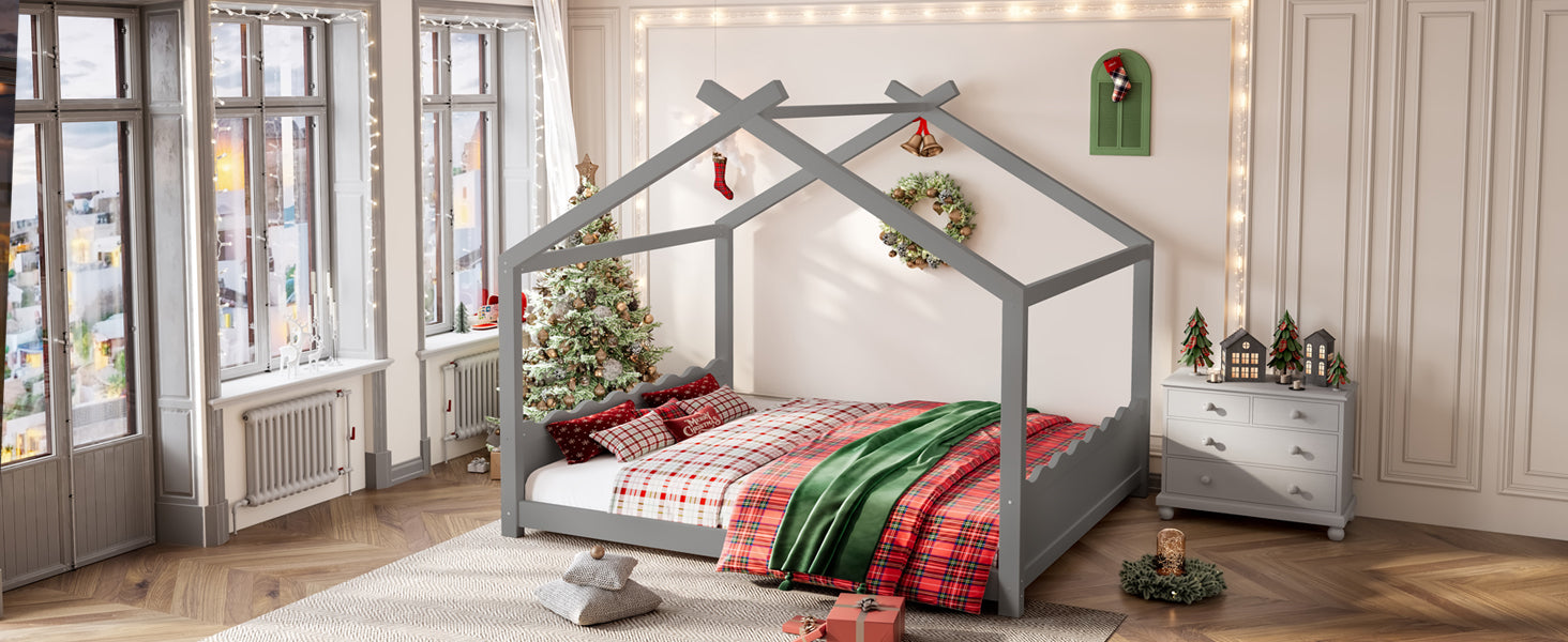 Queen House Floor Bed with Support Slats, Solid Wood House Bed Frame for Kids, No Box Spring Needed and Opening Constructure, Gray