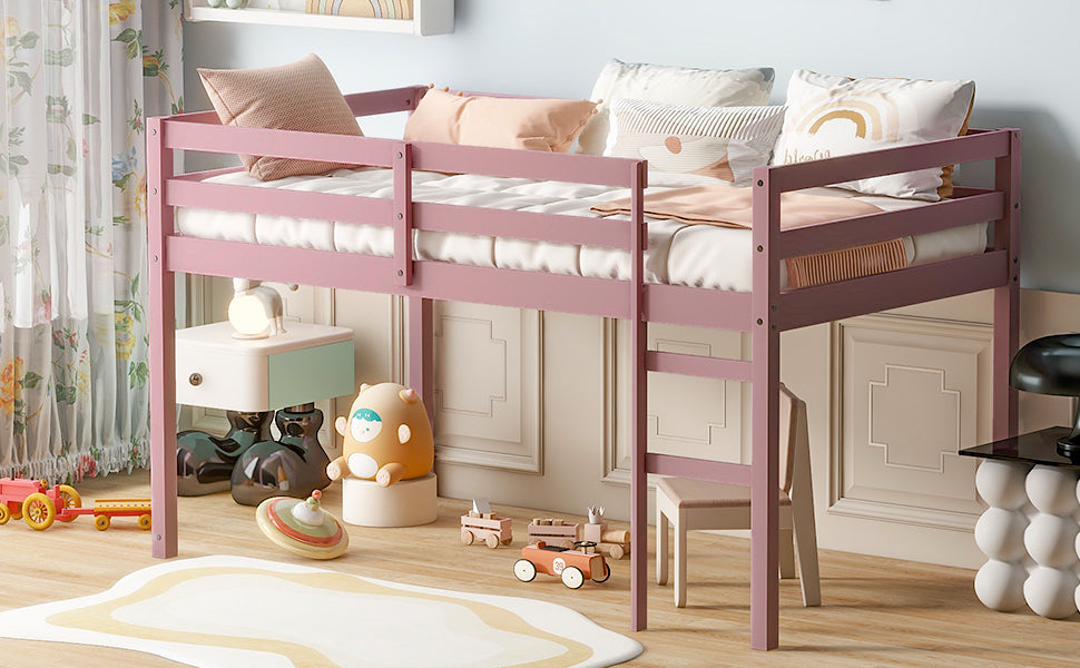 Solid Wooden, Rubber Wooden Twin Loft Bed with Ladder, Bed Platform of Strengthened Slats, Pink
