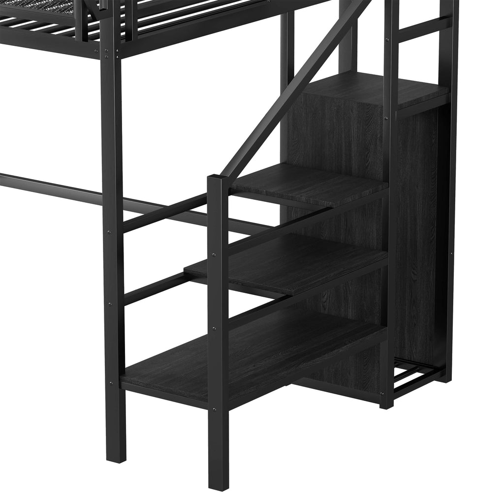 Twin XL Size Loft Bed with Stairs, Metal Full Loft Bed with Storage Shelves, High Loft Bed with Wardrobe for Kids Teens, Black(Expect Arrival Date 2025/10/14)