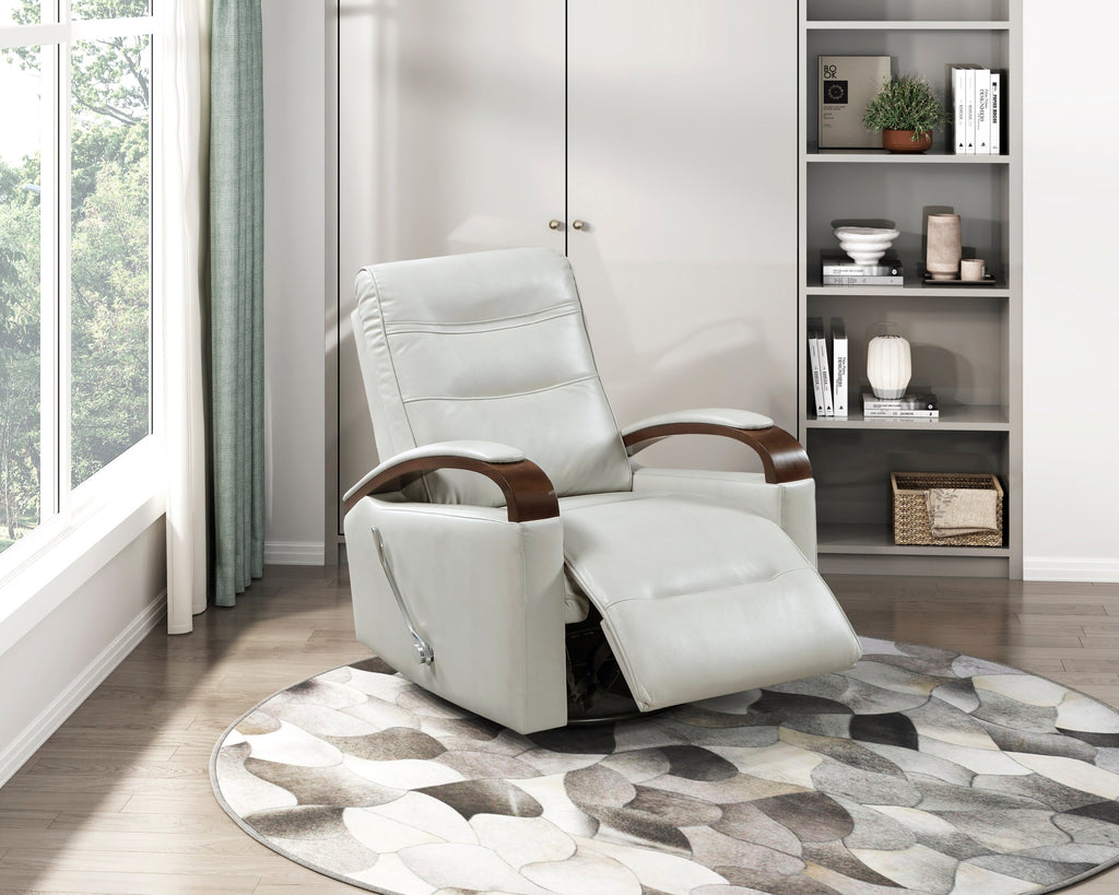 1pc Swivel Gliding Recliner Faux Leather Upholstered Solid Rubberwood Arms Luxurious Living Room Furniture, Smoke Color