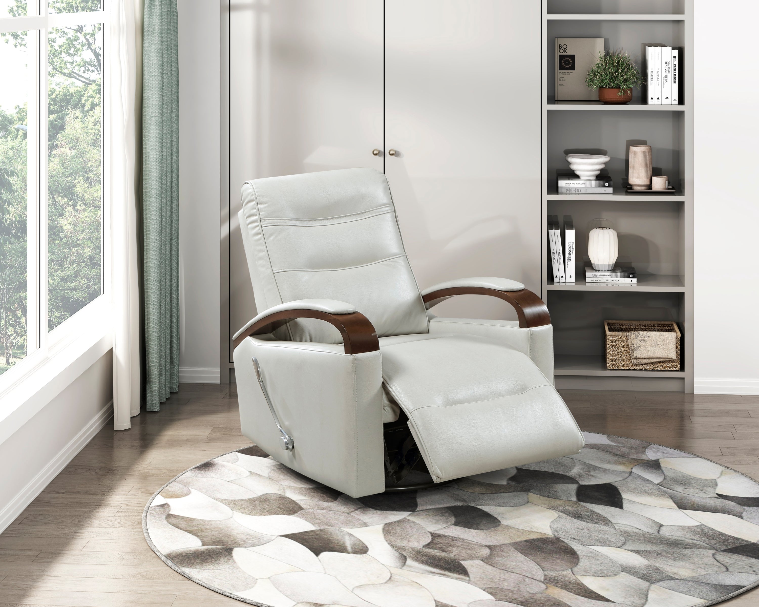 1pc Swivel Gliding Recliner Faux Leather Upholstered Solid Rubberwood Arms Luxurious Living Room Furniture, Smoke Color