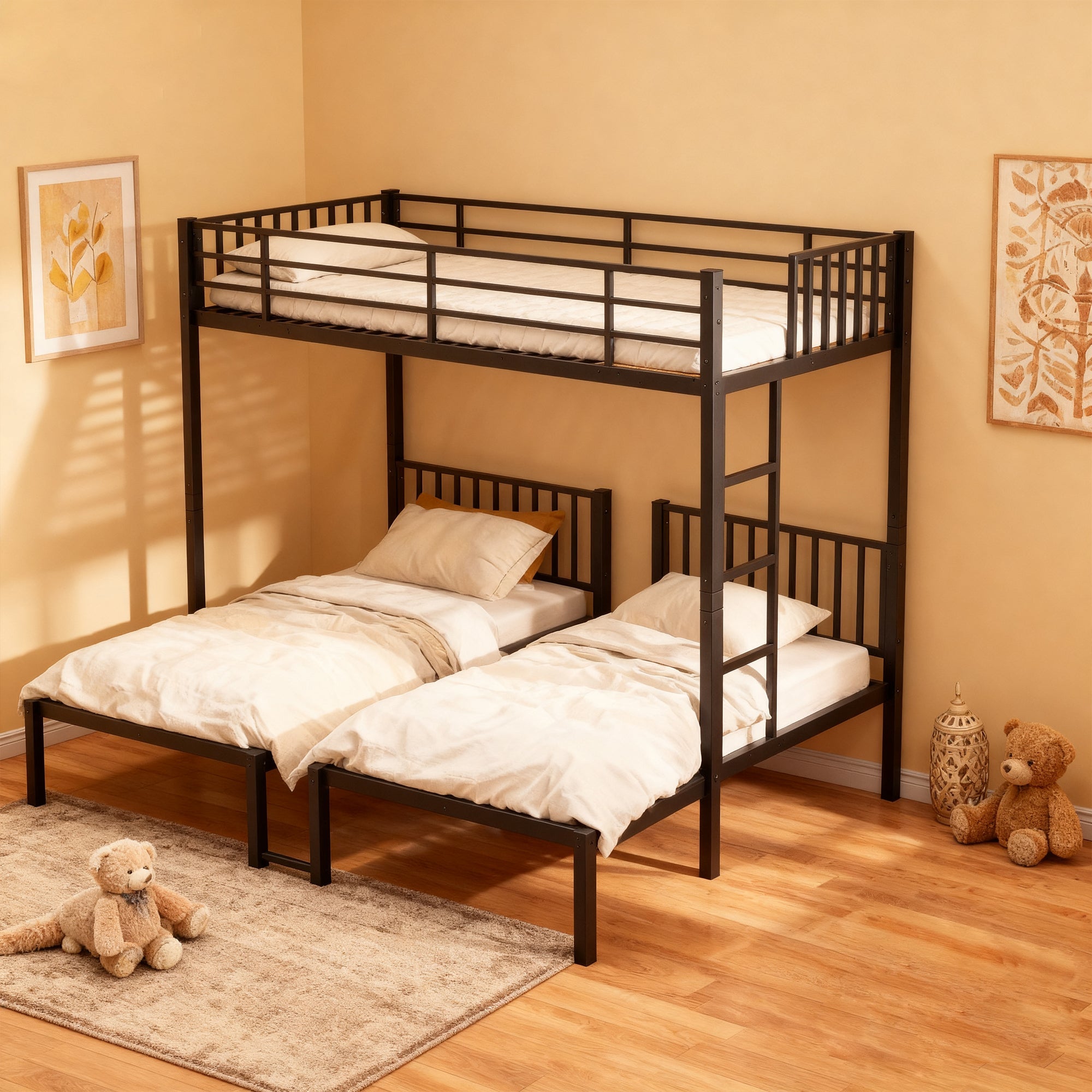 Triple Bunk Bed for Kids,3 Bed Bunk Beds for 3,Metal Triple Bunk Beds,Separates Into 3 Twin Beds,Noise Reduced Structure,Black