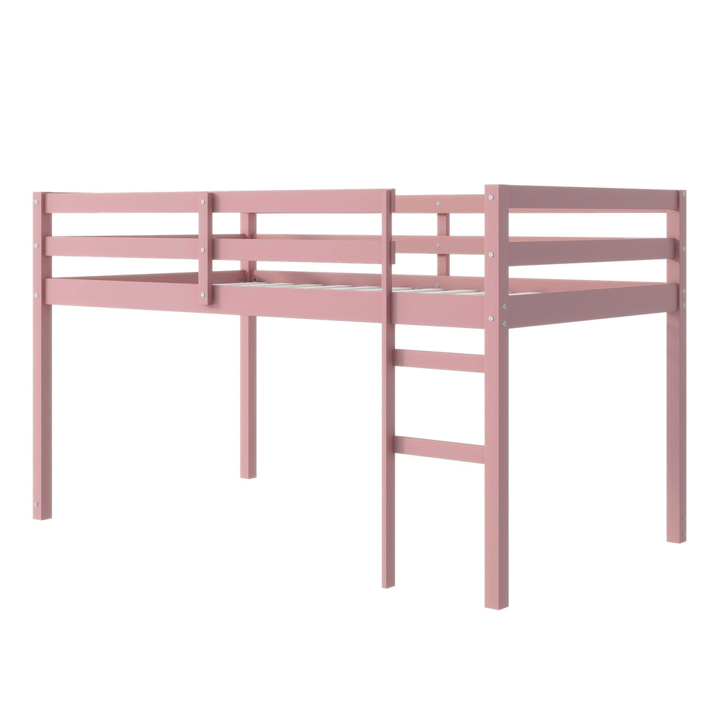 Solid Wooden, Rubber Wooden Twin Loft Bed with Ladder, Bed Platform of Strengthened Slats, Pink