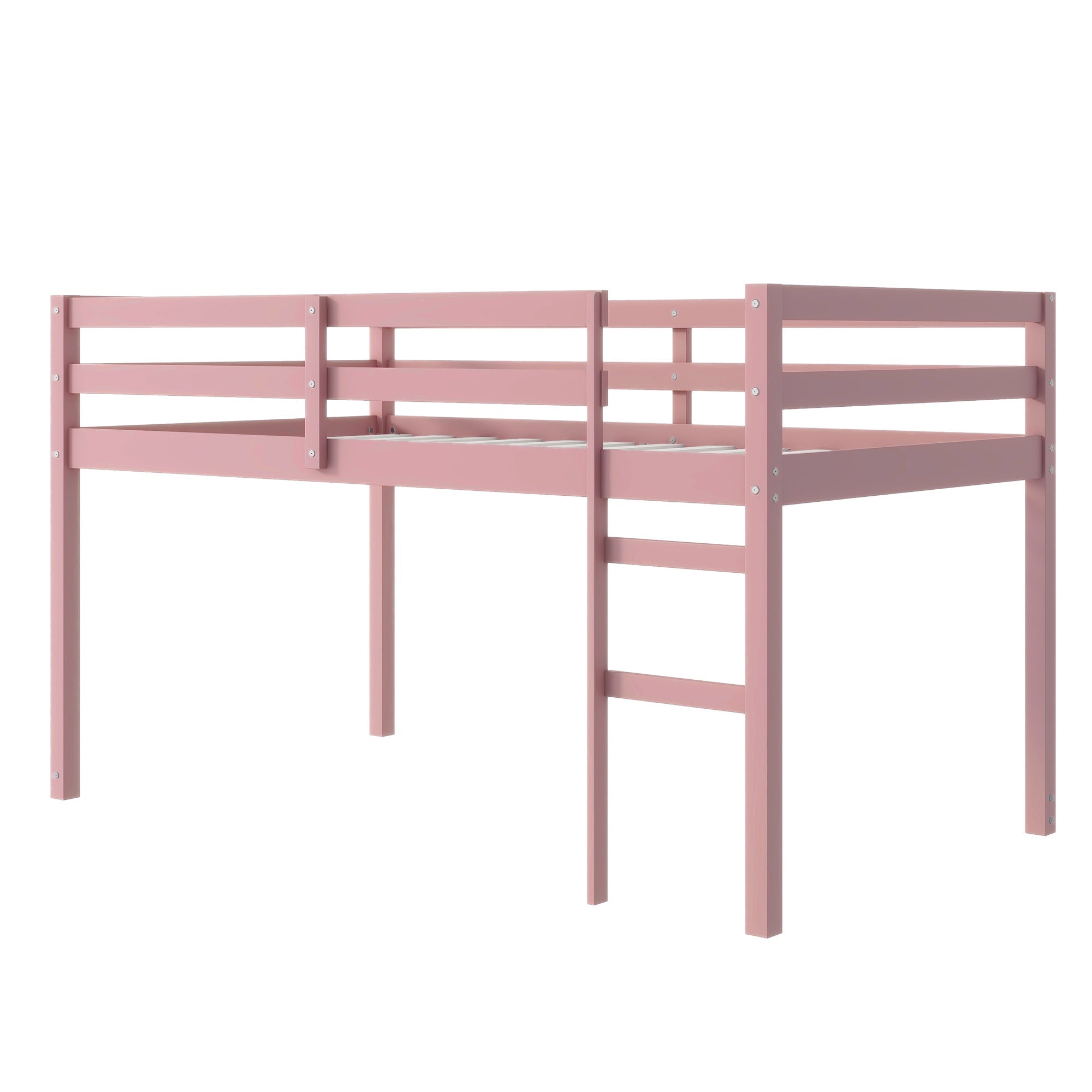 Solid Wooden, Rubber Wooden Twin Loft Bed with Ladder, Bed Platform of Strengthened Slats, Pink