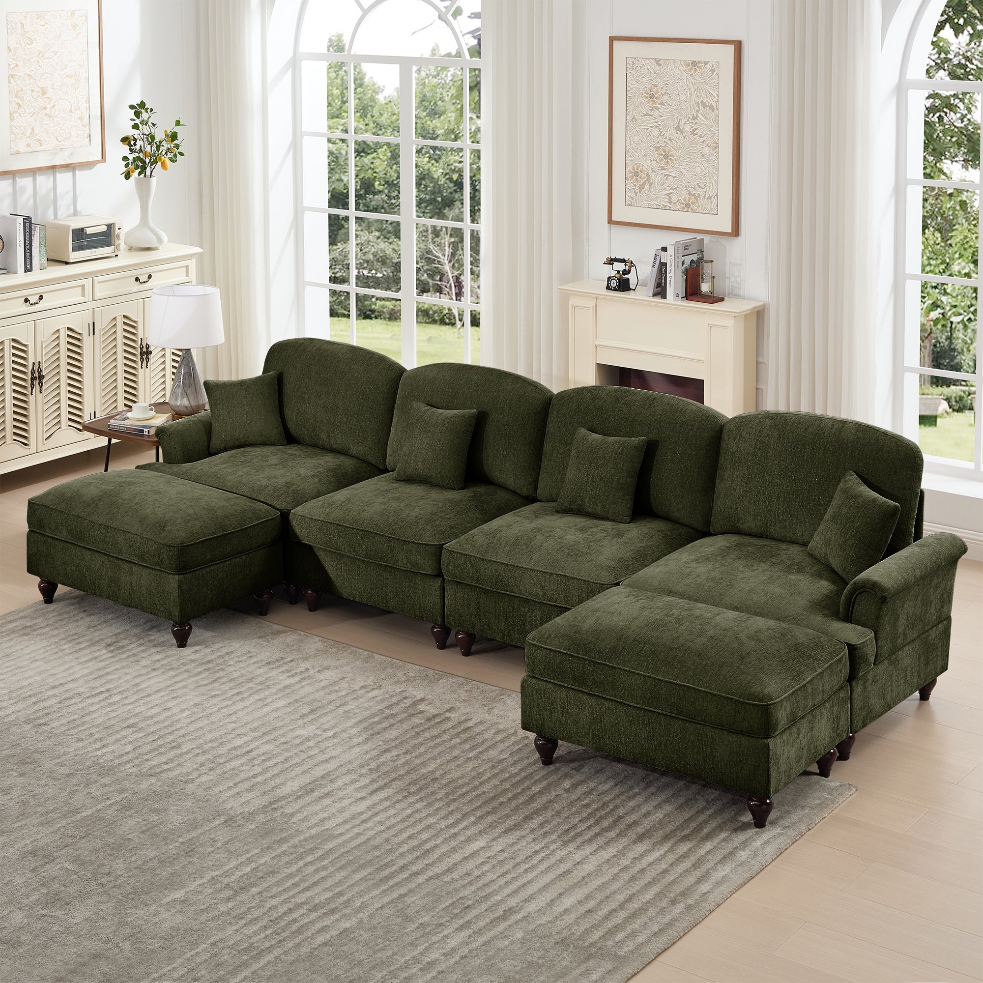Classic U Shape 4 Seater Modular Sectional Sofa Couch with Flared Arms and Removable Ruffles Pleats Skirts and Spindle Legs, Chenille Deep Seat Cloud Sofa with Movable Ottomans, Green