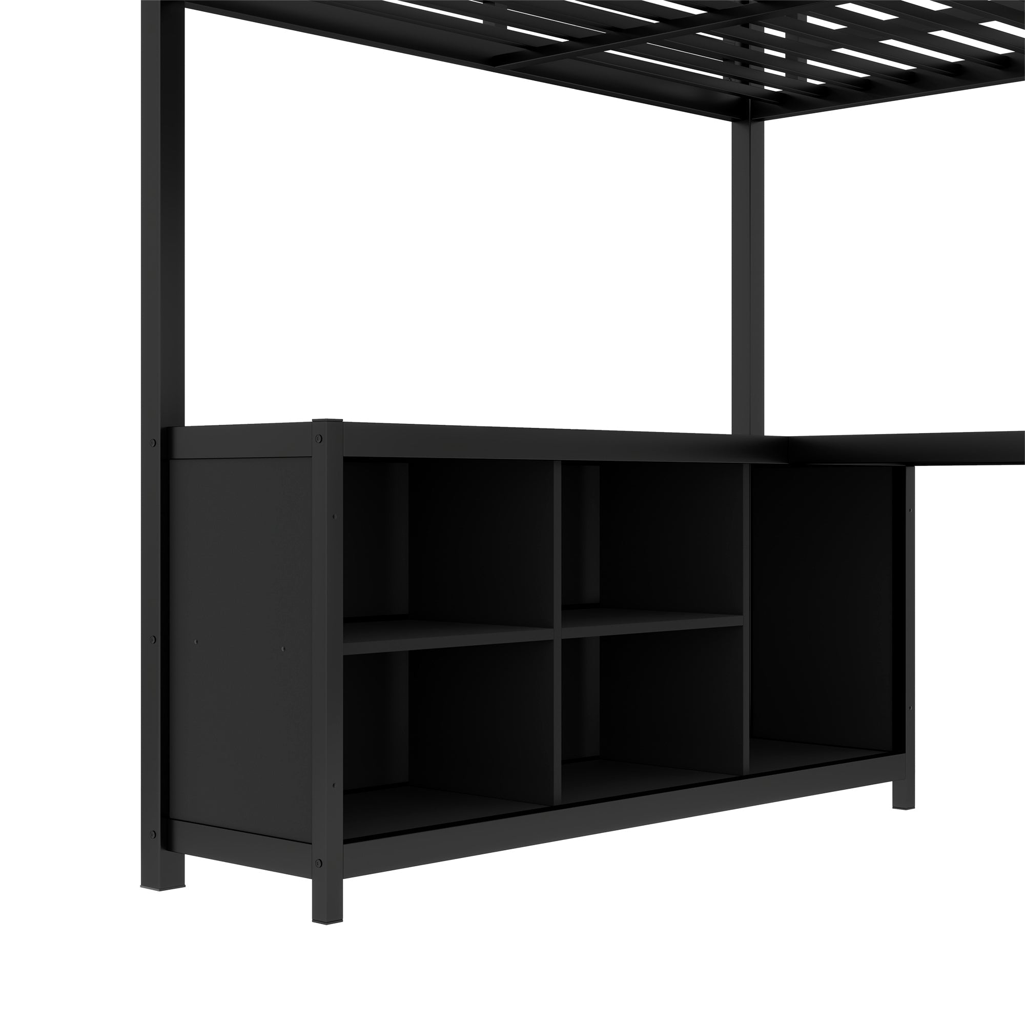 Metal Loft Bed with Wardrobe and L-shaped Desk, Full Size Loft Bed with Storage Cubes and Shelves, Loft Bed for Kids Teens Adults, Black