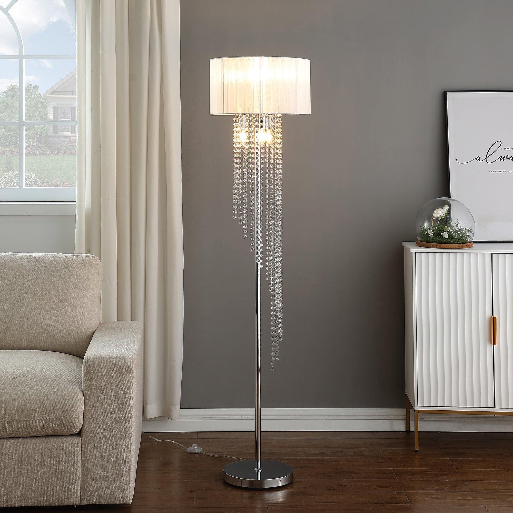 65.75'H Sheer White Drum Shade Rain Crystal Chrome Metal Floor Lamp for Living Room, Standing Lamp for Bedroom