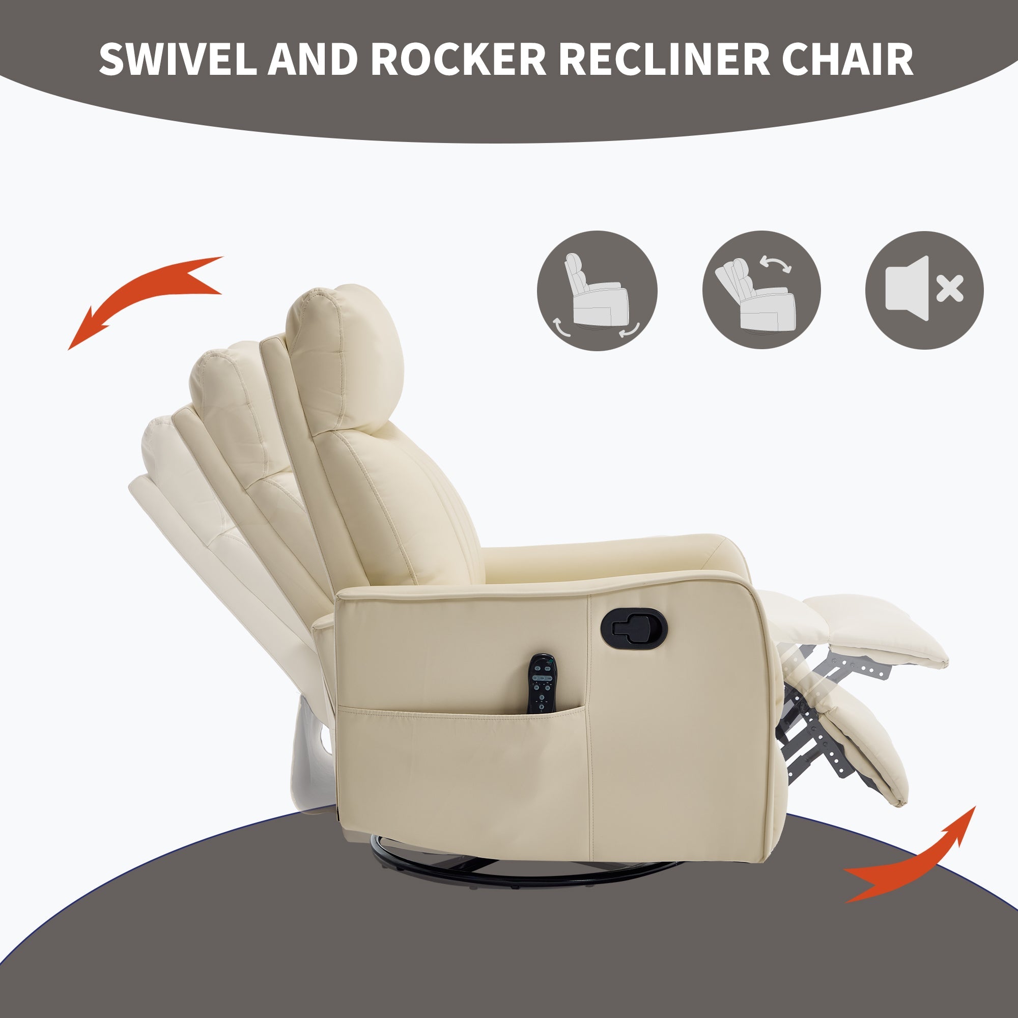 Beige Heat Massage Manual Recliner Chair with Rocker and Swivel in Faux Leather for Living Room