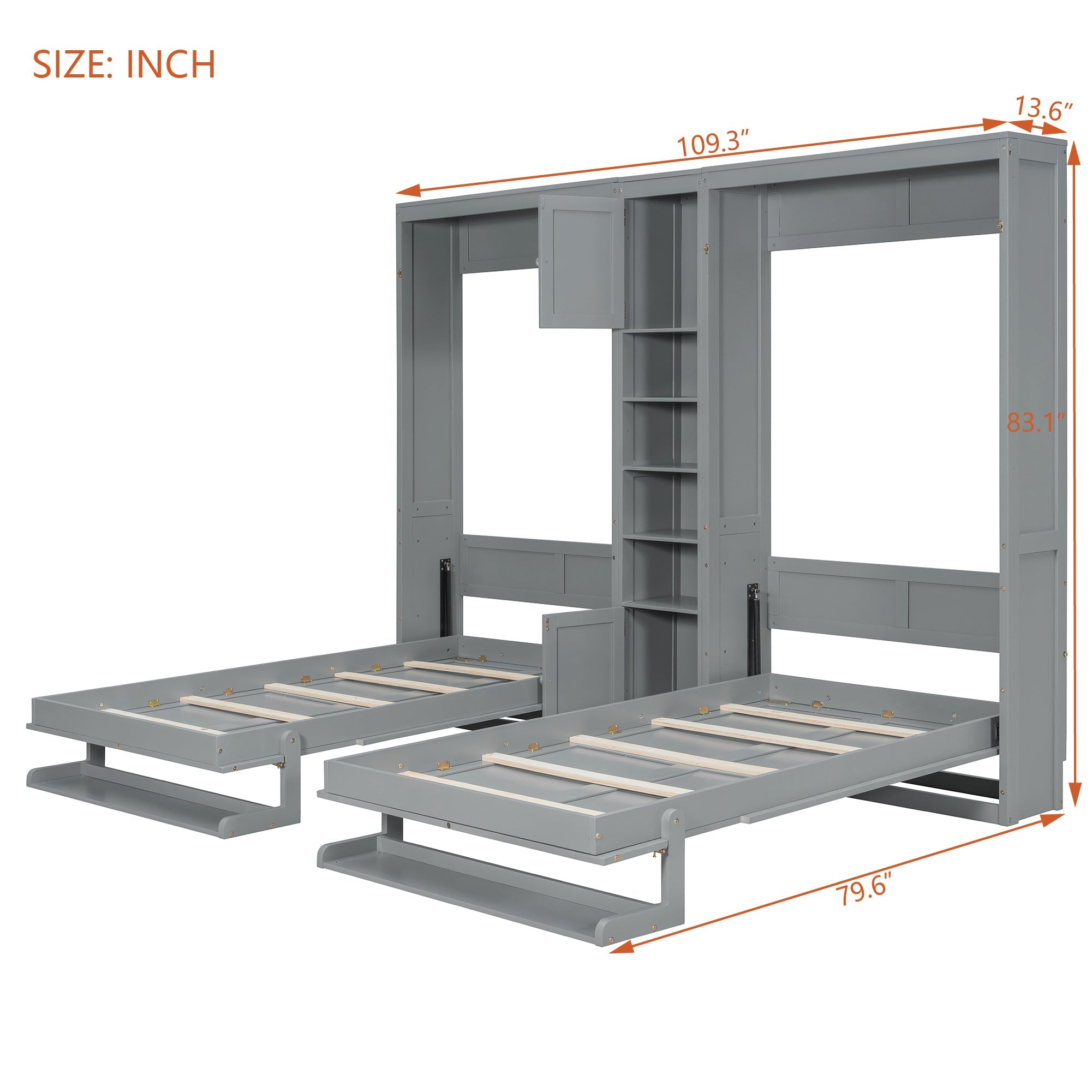 Dual Twin size Wall Murphy Beds with Cabinets and Shelves, Gray