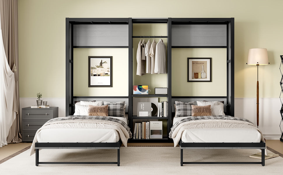 Twin and Twin Murphy Bed, Metal Foldable Murphy Bed with Wardrobe, Shelves and Power Outlets, 2 in 1 Design, Space-saving, Gray