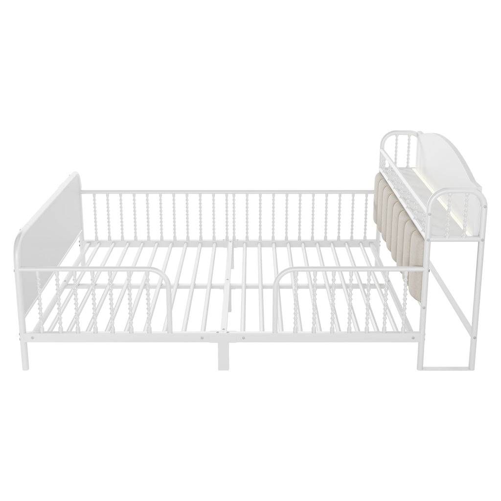 Full Size Metal Platform Bed Frame with Light, Kids Full Metal Bed with Upholstered and Storage Headboard, White (Expect Arrival Date 2025/10/5)