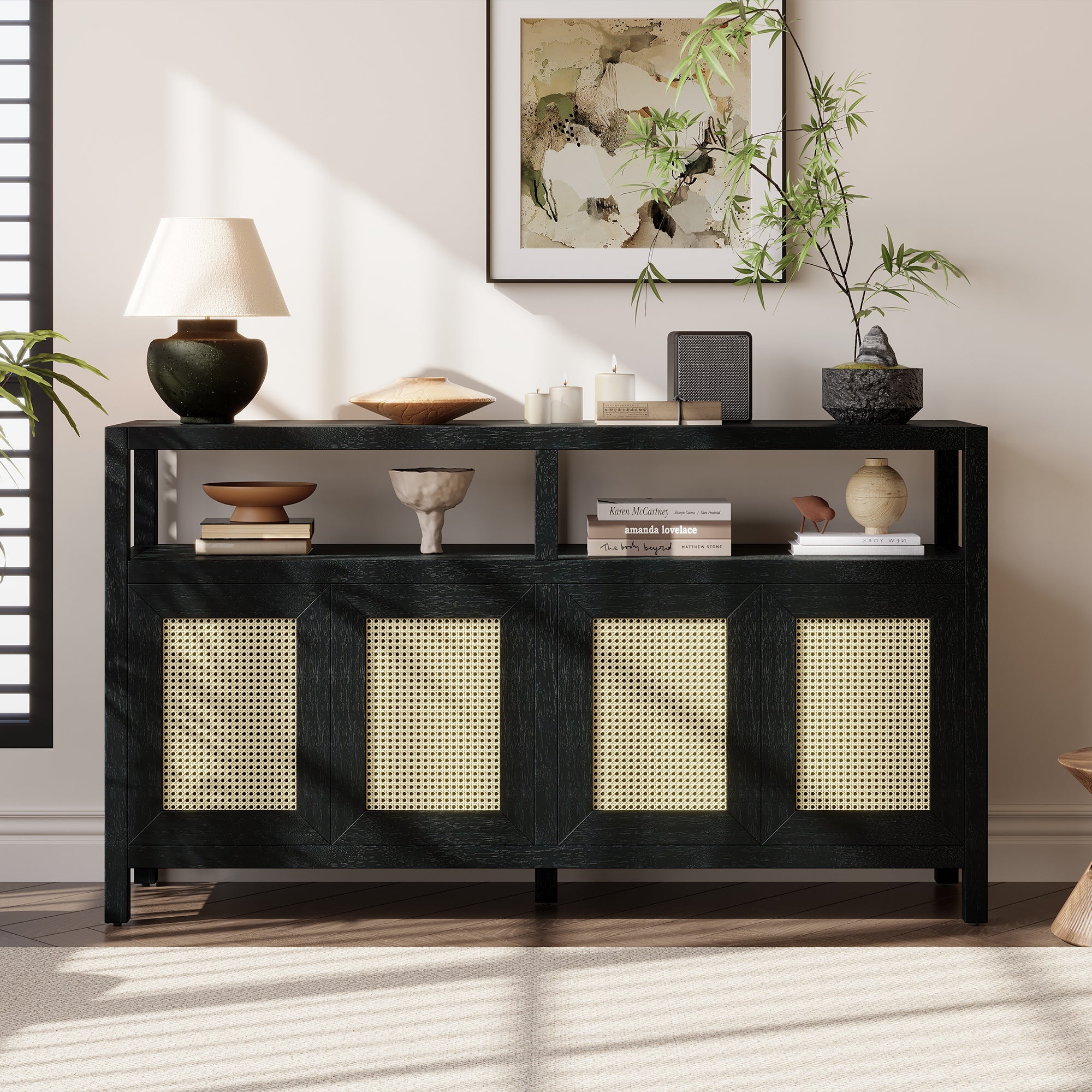 TREXM Bohemian Style Rattan Buffet Storage Cabinet with Solid Wood Frame, Sideboard with 3-position Adjustable Shelves for Living & Dining Rooms, No-Handle Push-to-Open Design (Black)