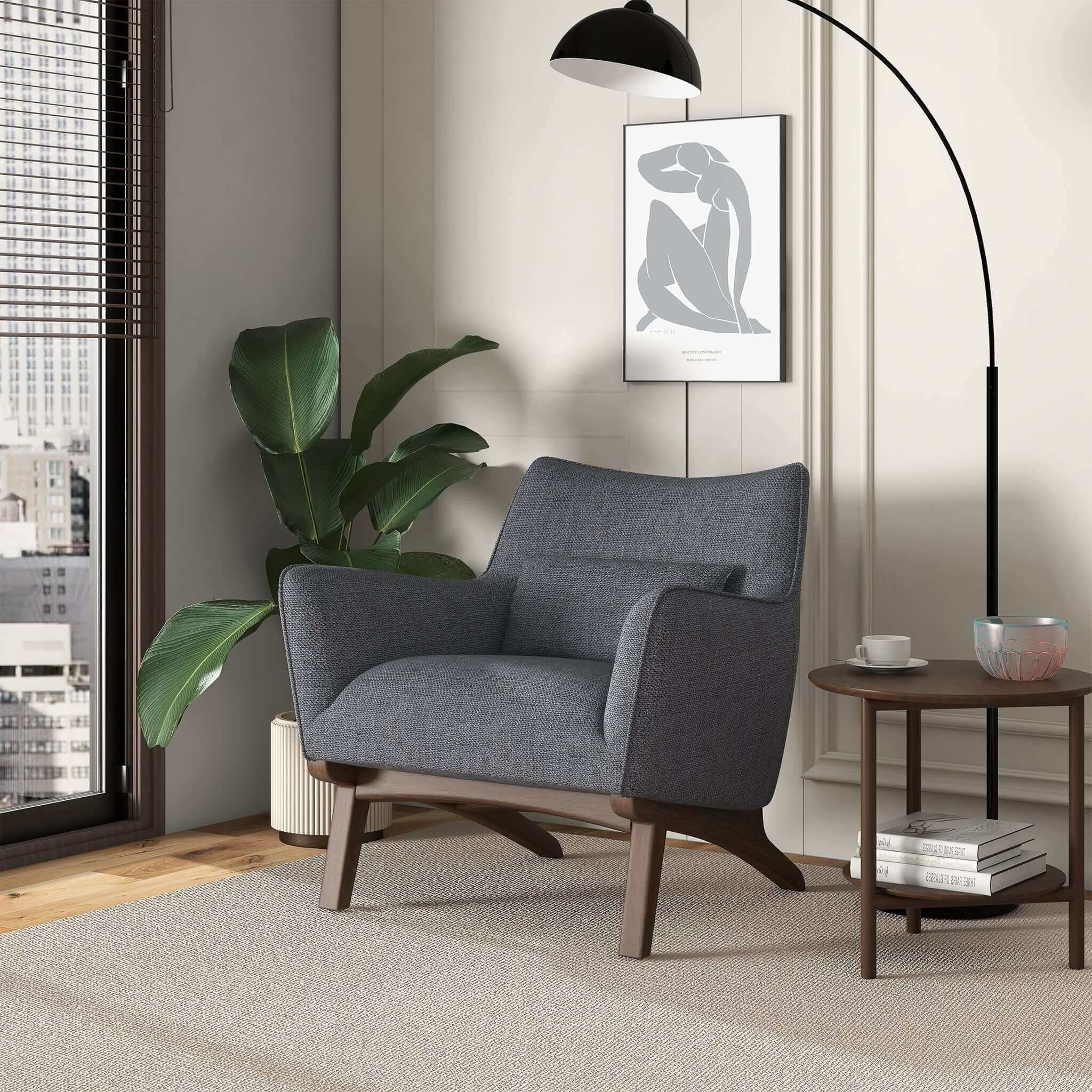 New Design Brayden Mid Century Modern Grey Linen Armchair with Solid Wood Frame and Padded Seat for Home Office 32.5'H x 30'W x 30'D