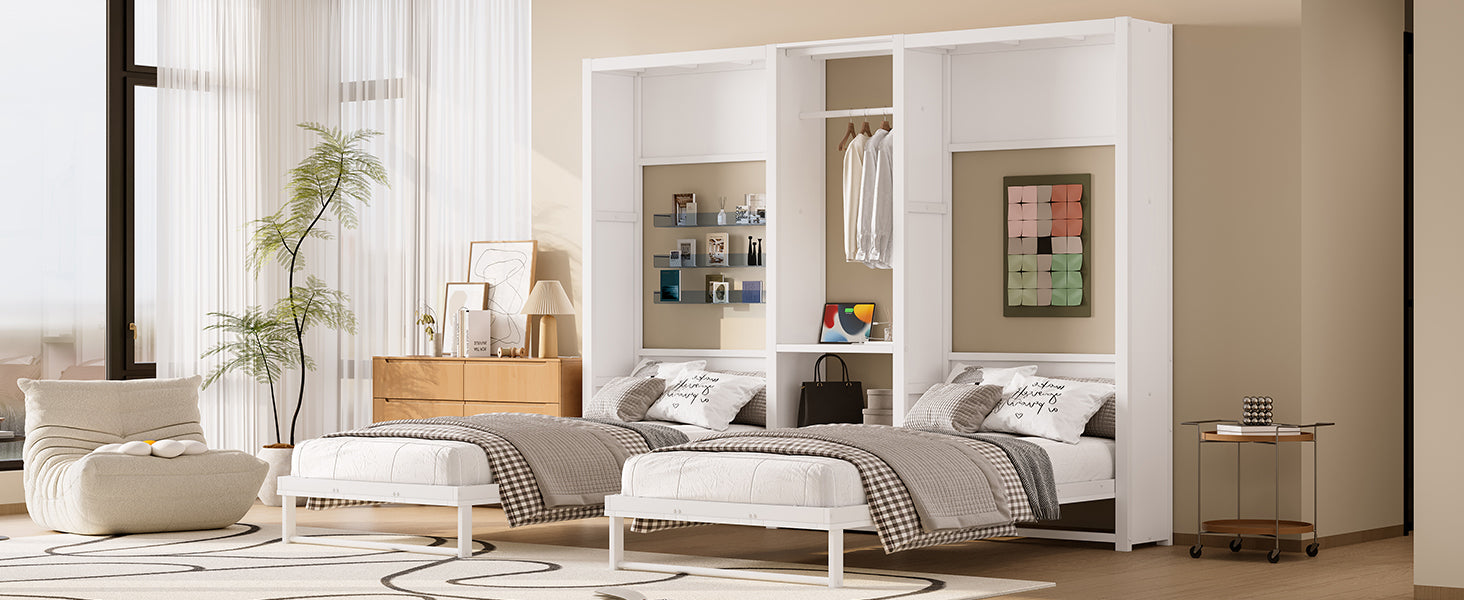 Twin and Twin Murphy Bed, Metal Foldable Murphy Bed with Wardrobe, Shelves and Power Outlets, 2 in 1 Design, Space-saving, White