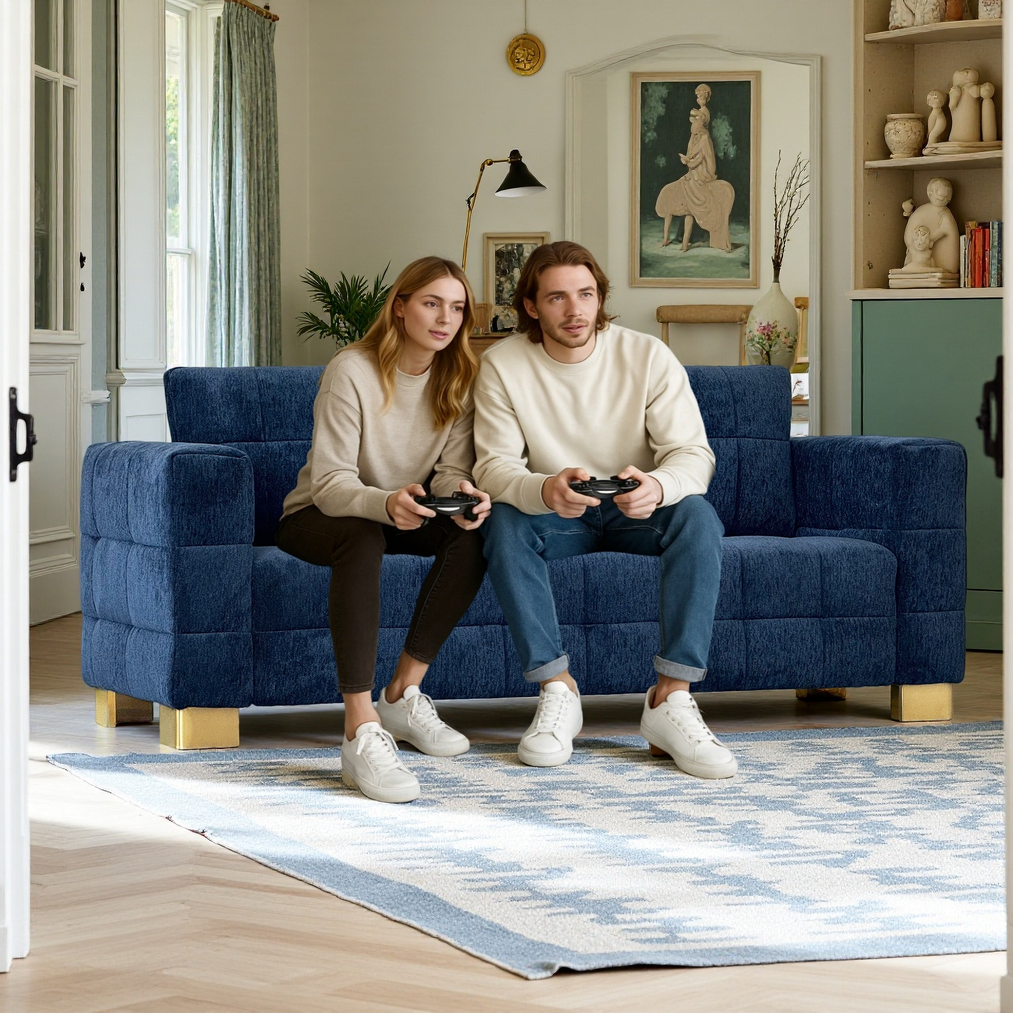 FX-P54-RB SOFA  Retro Blue Chenille Upholstered Couch, Wide-Arm 3-Seater with Custom Stainless-Steel Legs & Tufted Seat  Modern Living Room Sofa for Comfort & Style