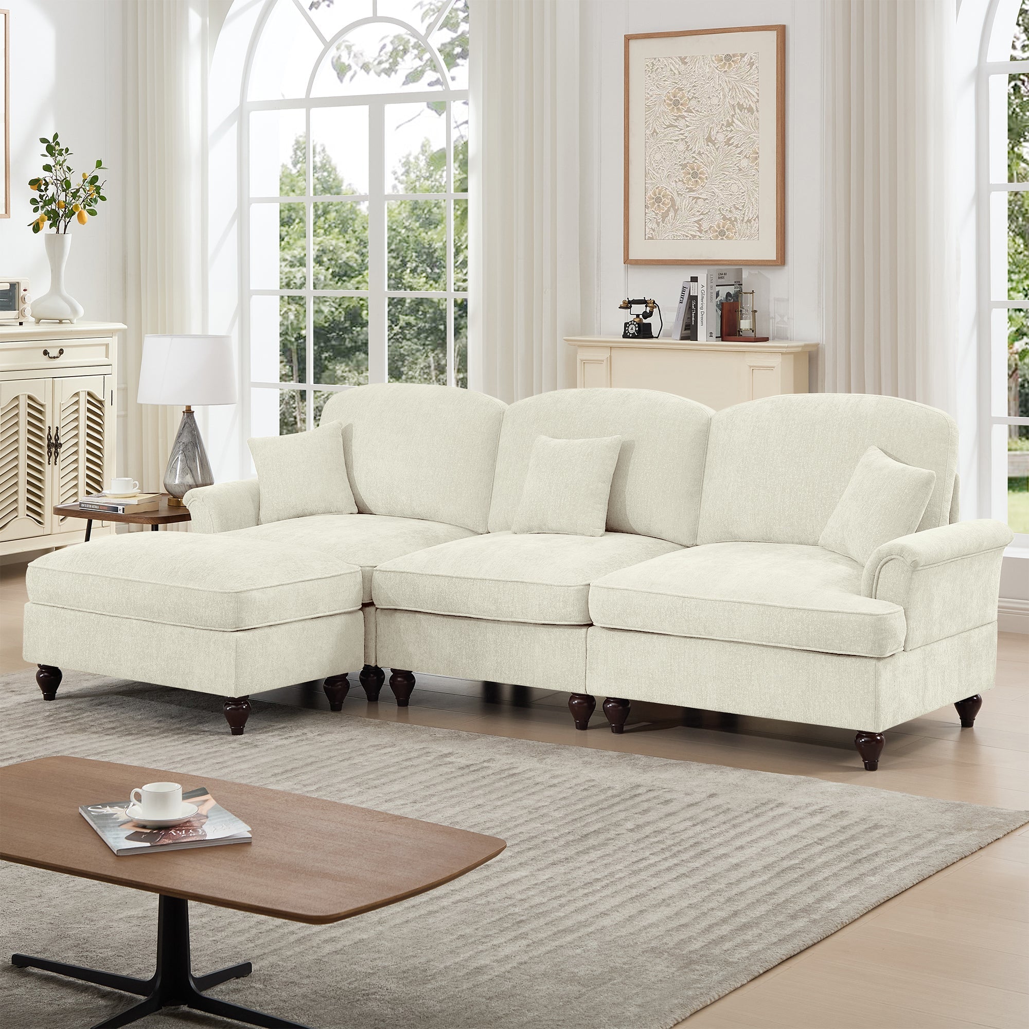 Mid Century Three Seater Modular L Shaped Sectional Couch with Flared Arms and Removable Ruffles Pleats Skirts and Spindle Legs, Comfy Chenille 3-Seat Deep Seat Sofa with Movable Ottoman, Beige White