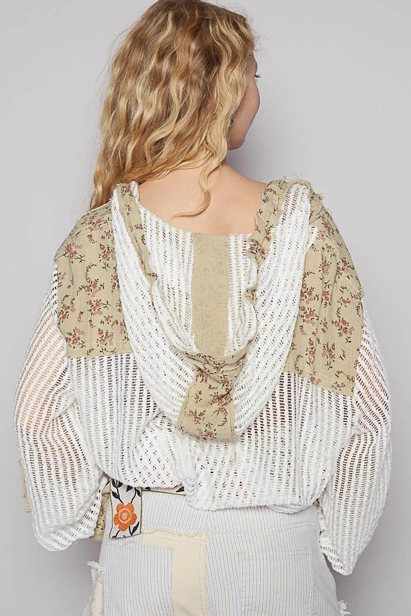 POL Vintage Washed Crochet Hoodie Jacket With Patchwork