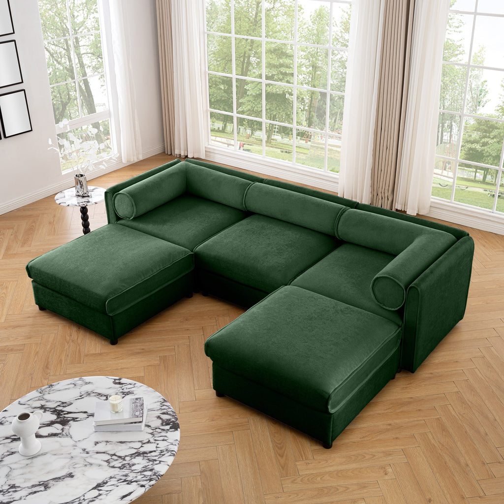 Elegant Green Chenille  Sofa with Storage Seat and Ottoman, U-Shaped 3-Seater Cylindrical Backrest and Armrests, Contemporary 3-Seater Fabric Couch with Hidden Storage Compartment