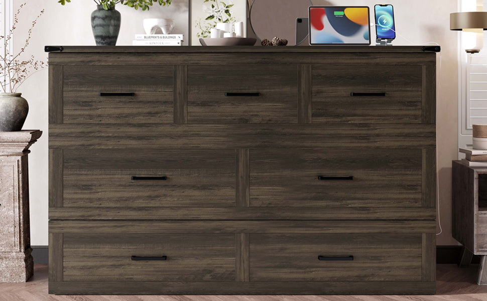 Murphy Bed Cabinet Queen Size with Charging Station, Multi-Functional Foldable Platform Bed with 1 Large Storage Drawer for Guest Room, Small Bedroom, Rustic Gray