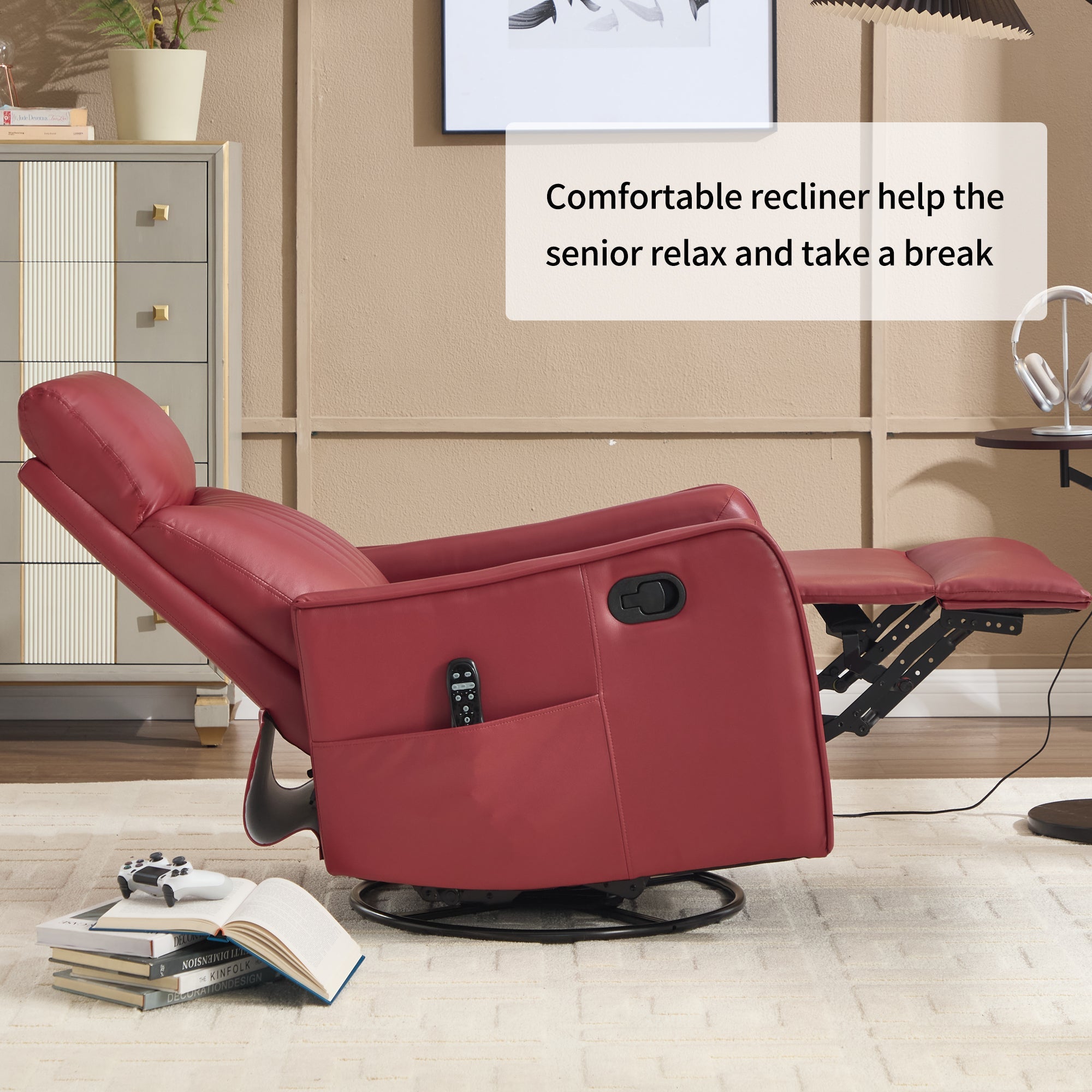 Red Faux Leather Heat Massage Manual Recliner Chair with Rocker and Swivel for Living Room