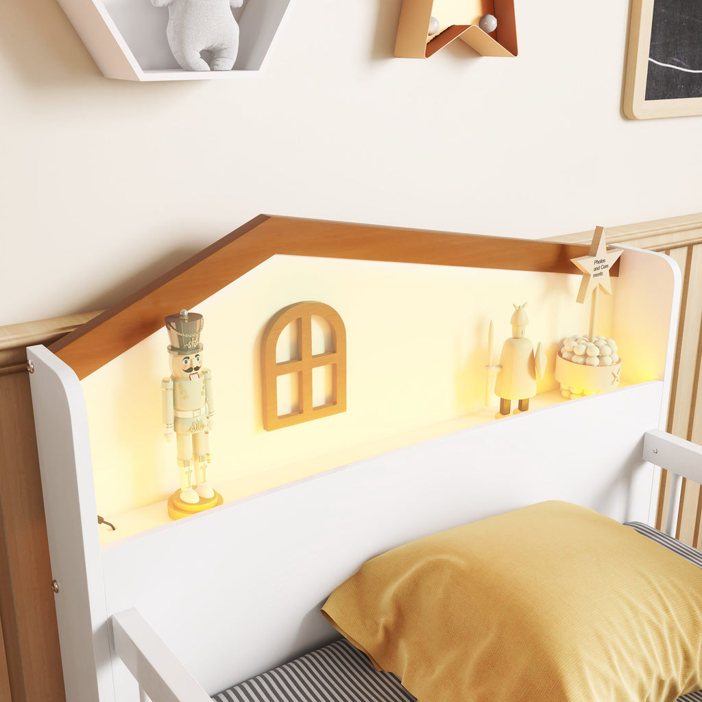 Low Loft Bed with LED Lights, Wooden Twin Loft Bed with House Shape Headboard, Kids Loft Bed with Storage Drawers, White (Expect Arrival Date 2025/1/20)