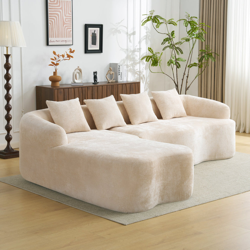 Full Compression L-Shape Sectional Sofa with Curved Chaise, Beige Modular Chenille Couch, High-Density for Apartment Living Room