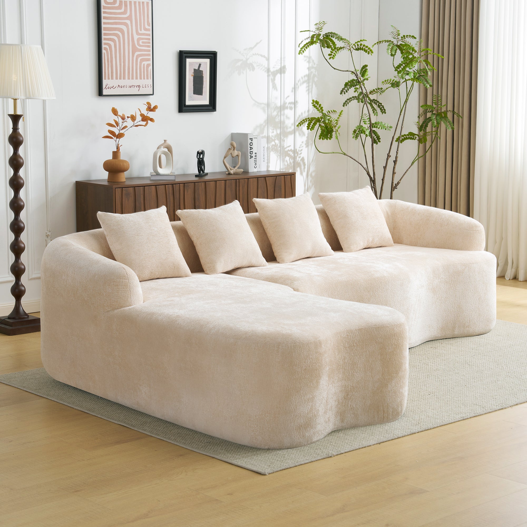 Full Compression L-Shape Sectional Sofa with Curved Chaise, Beige Modular Chenille Couch, High-Density for Apartment Living Room