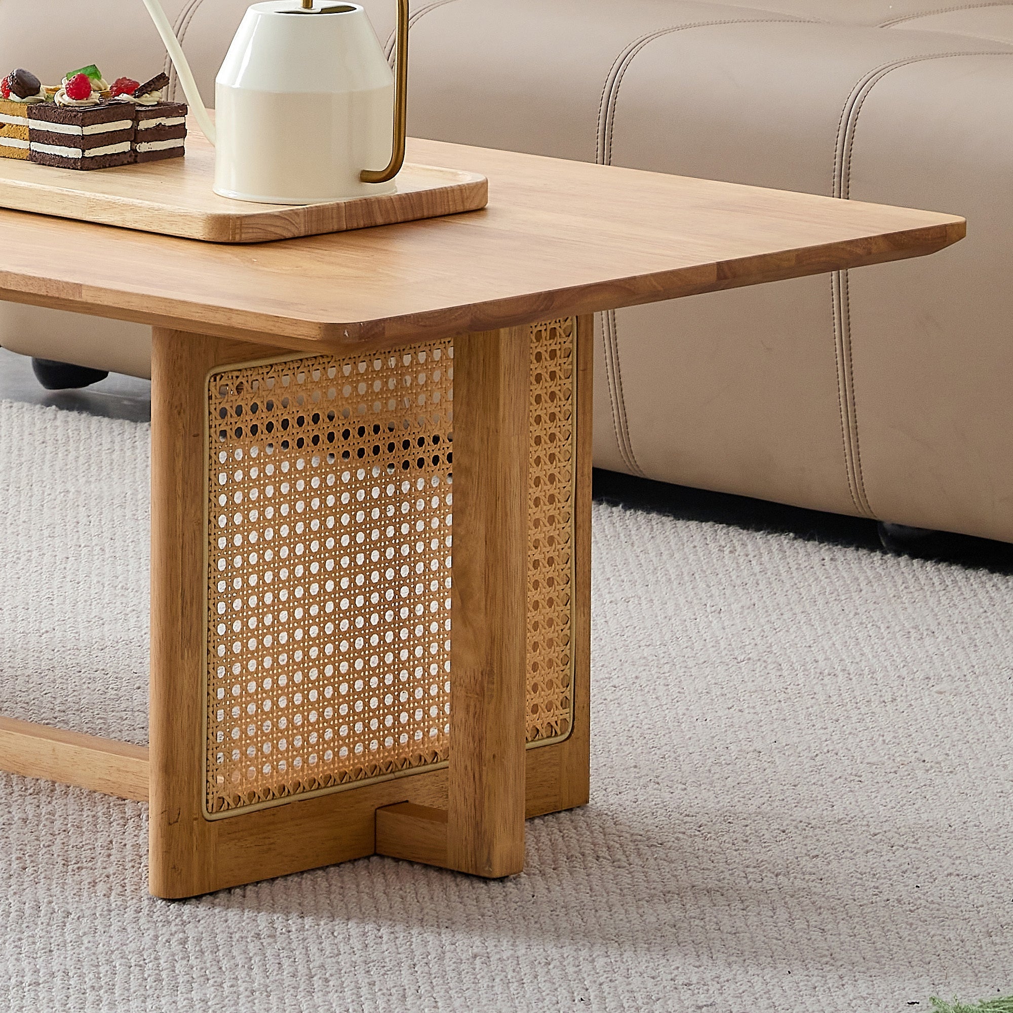 Natural rubber wood and solid wood coffee table  Modern minimalist rattan weaving design, living room balcony, multifunctional small-sized furniture