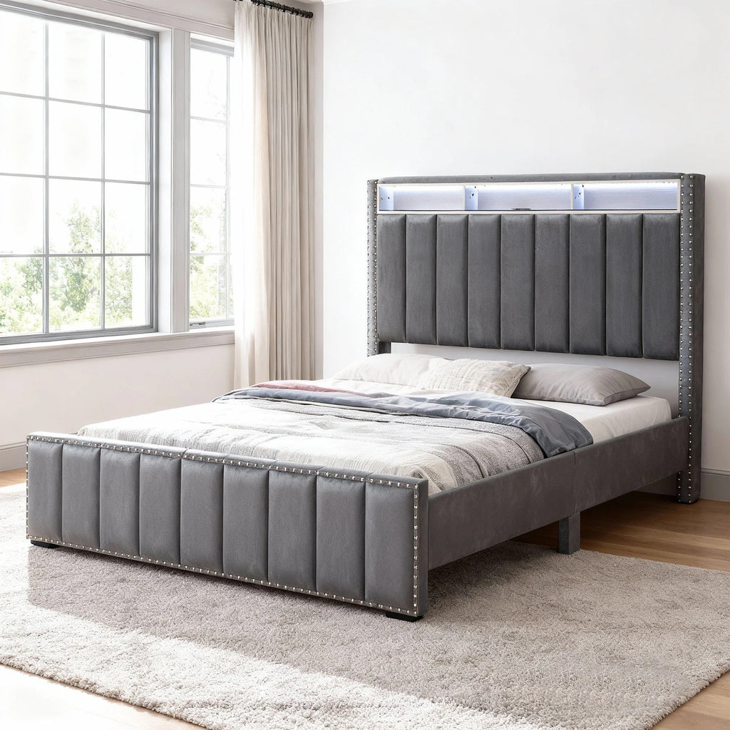 Contemporary 3pc Bedroom Set Queen Size Bed 2x Nightstands Bedroom Furniture Dark Gray Fabric Upholstered Bedframe w LED Nailhead Trim