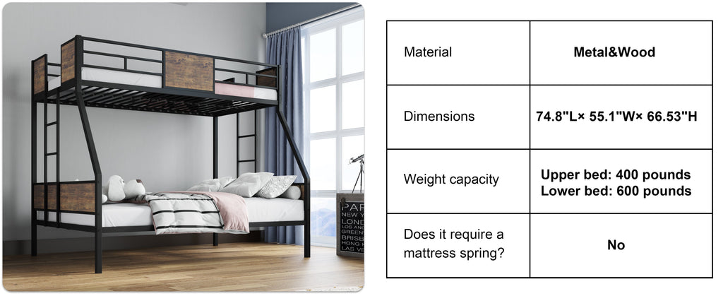 Twin Over Full Bunk Beds, Metal Bunk Bed Frame with Safety Guardrail and 2 Ladder for Kids,Sturdy Metal Frame and Protective Board Supports, No Box Spring Needed, Easy Assembly