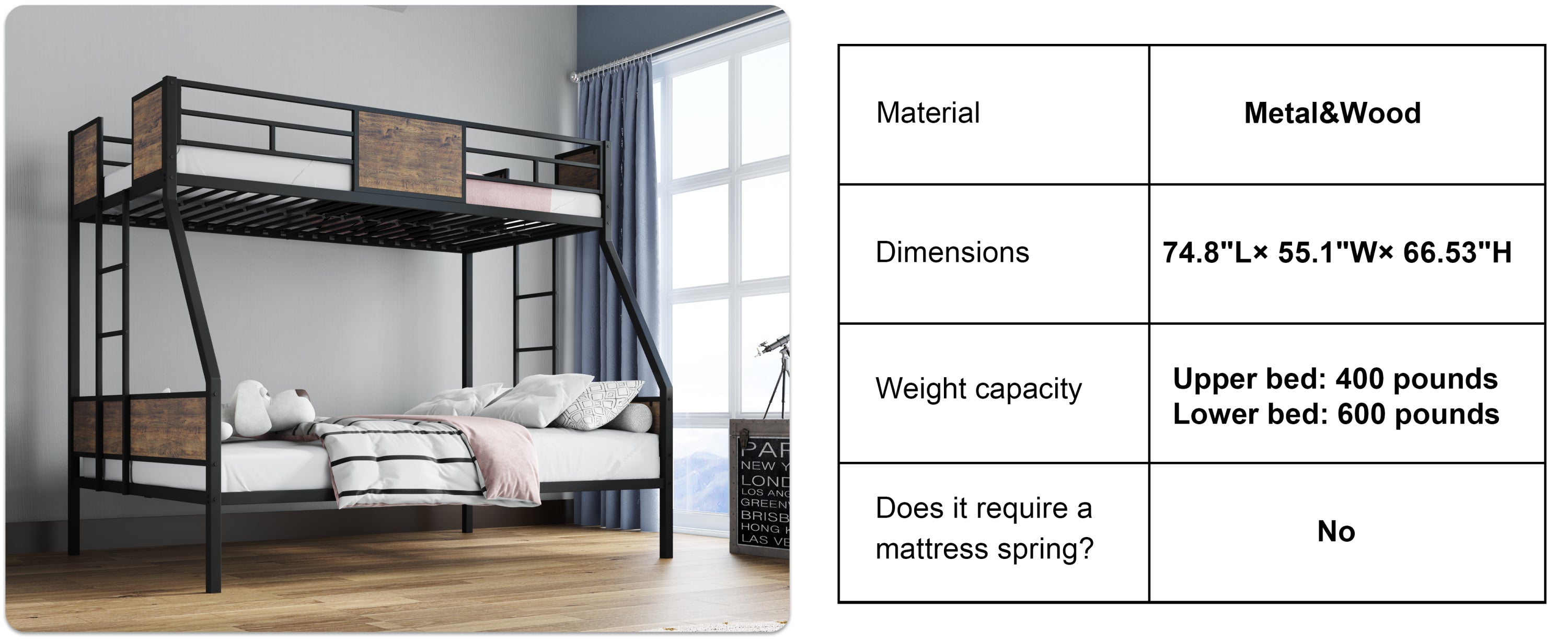 Twin Over Full Bunk Beds, Metal Bunk Bed Frame with Safety Guardrail and 2 Ladder for Kids,Sturdy Metal Frame and Protective Board Supports, No Box Spring Needed, Easy Assembly