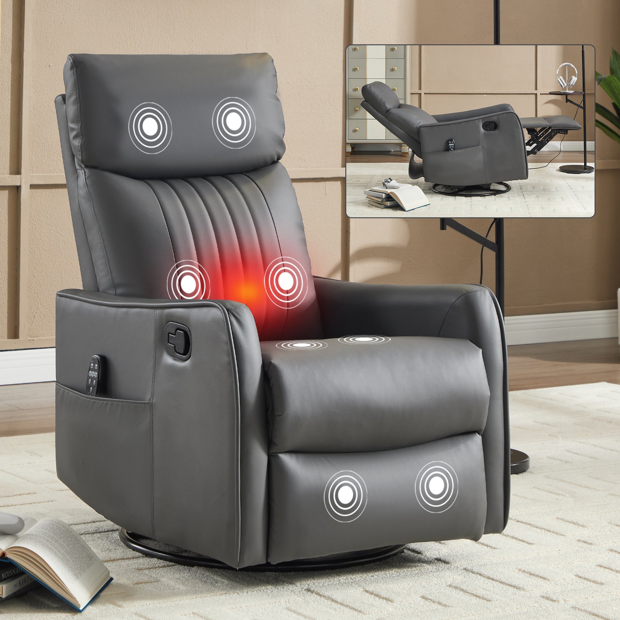 Grey Faux Leather Heat Massage Manual Recliner Chair with Rocker and Swivel for Living Room