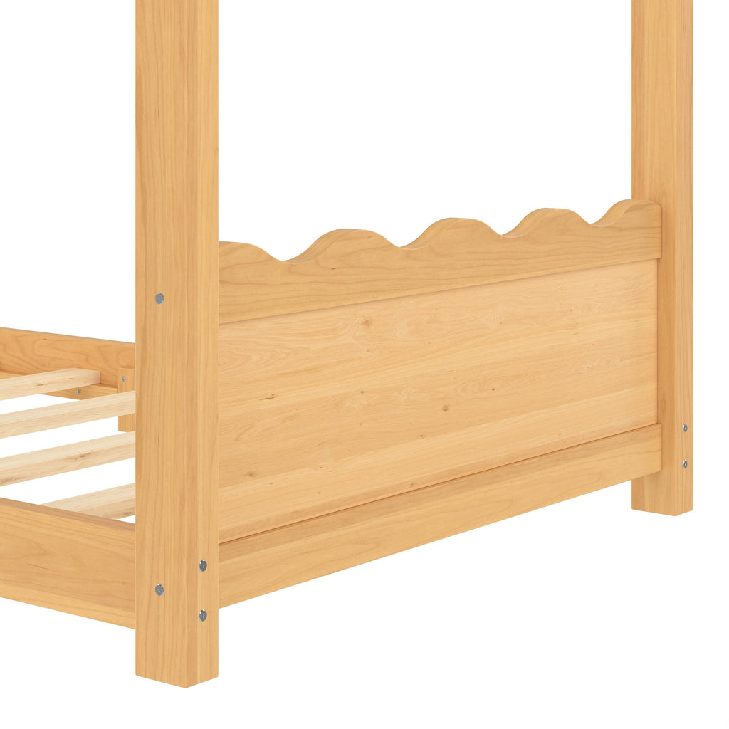 Twin House Floor Bed with Support Slats, Solid Wood House Bed Frame for Kids, No Box Spring Needed and Opening Constructure, Natural