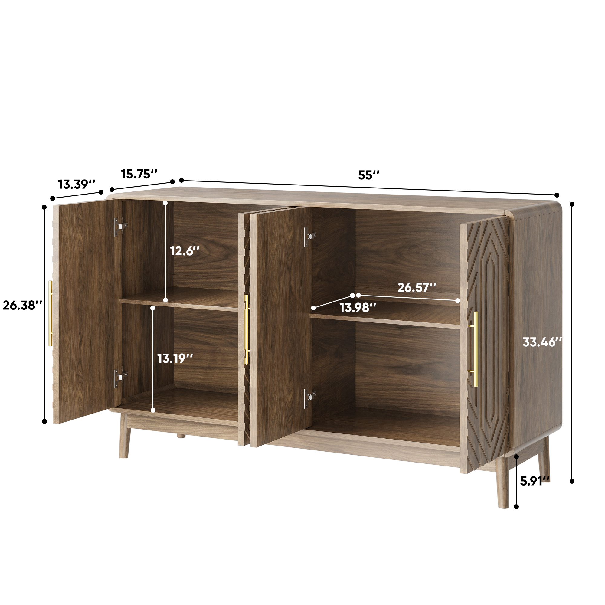 Modern Carved 4-Door Sideboard Buffet Cabinet with Storage, Adjustable Layer Board, Walnut Finish