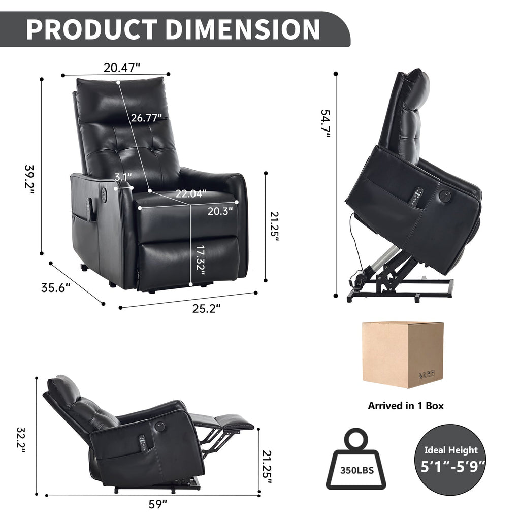 Black PU Single Motor Power Lift Recliner Chair with Massage and Heat for Elderly, Heavy Duty Motion Mechanism and One USB for Charging, Max Reclining Angle 155°
