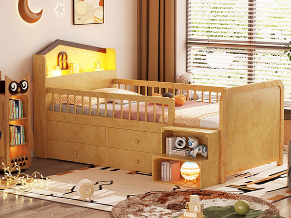 Low Loft Bed with LED Lights, Wooden Twin Loft Bed with House Shape Headboard, Kids Loft Bed with Storage Drawers, Natural (Expect Arrival Date 2025/1/20)