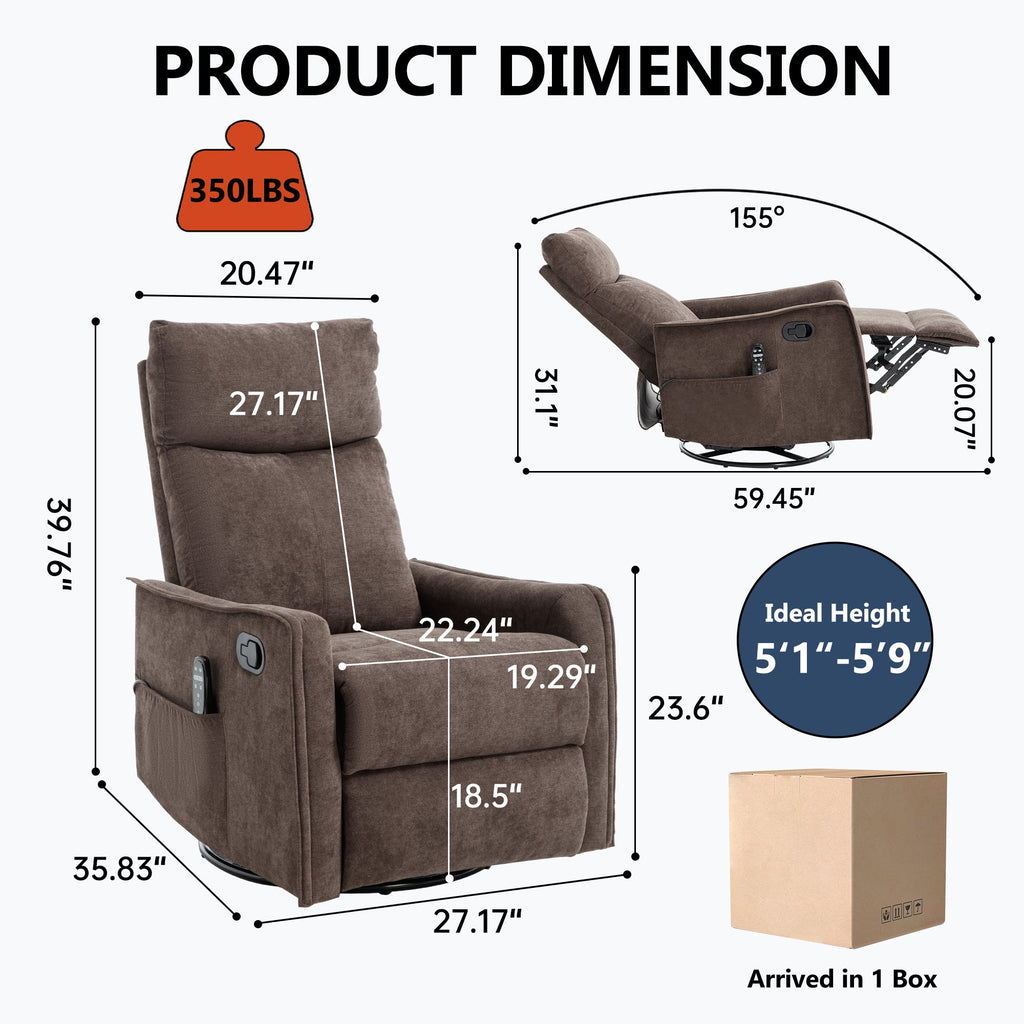 Heat Massage Manual Recliner Chair with Rocker and Swivel in Fabric for Living Room, Brown